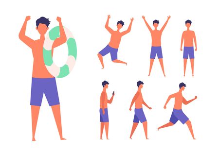 Set of the man wearing the swimsuit in different poses. Standing, walking, running and jumping. Vector illustration in flat style.のイラスト素材