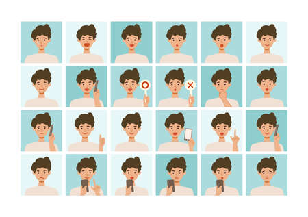 Face expressions of man. Different male emotions and poses set.  Isolated vector illustration icons...
