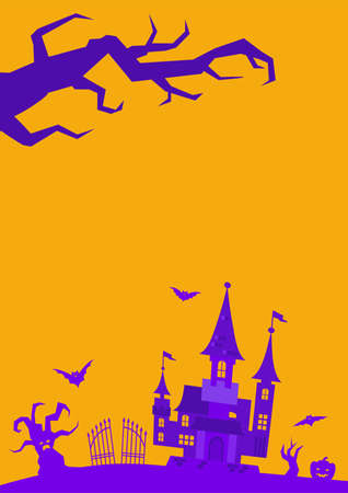 Vector illustration of halloween background. Orange background with flying bats, old house, trees. Concept for autumn.のイラスト素材
