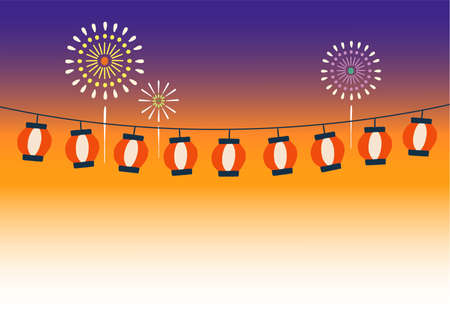Vector illustration of Japanese traditional festival with fireworks. Flat design vector illustration background.のイラスト素材