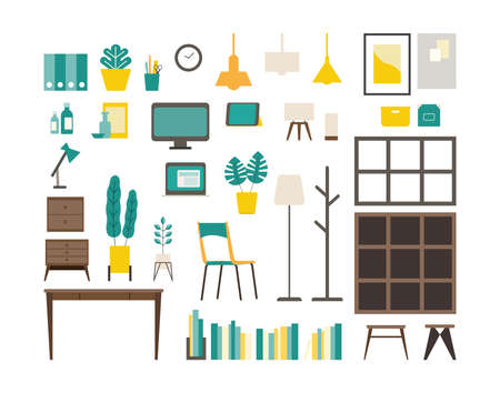 Set of vector interiors with furniture. Isolated modern flat vector illustrations of various interiors. Stay at home concept.のイラスト素材