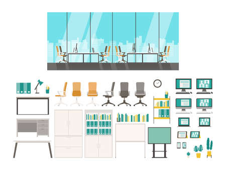 Isolated modern flat vector illustration of office equipments, interiors. Cabinet, desk, shelf, monitor, documents and potted plants. Concept for business scenes.のイラスト素材