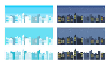 Seamless pattern vector of modern flat skyscrapers. Urban scene background, cityscape border. Flat illustrations of buildings.のイラスト素材