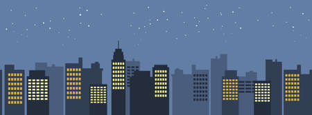 Seamless pattern vector of modern flat skyscrapers at night. Urban scene background, cityscape border. Flat illustrations of buildings.のイラスト素材