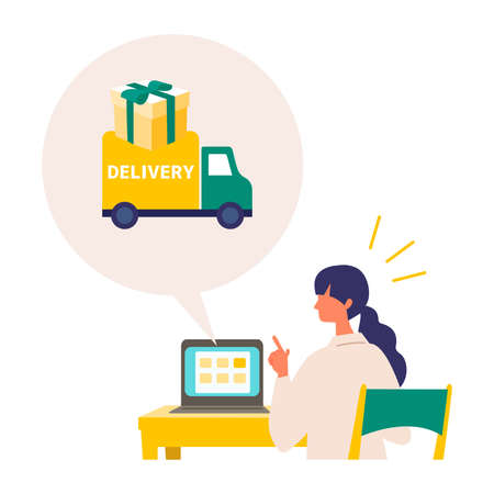 Vector illustration for the online delivery service concept. Woman ordered gift on the web site. Isolated graphics.のイラスト素材