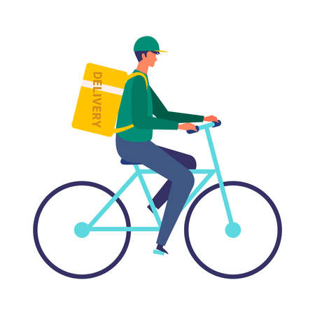 Vector illustration for the online delivery service concept. Bicycle and delivery man. Food delivery concept.のイラスト素材