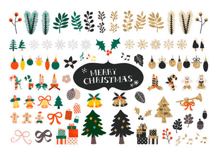Vector set of Christmas icons. Christmas tree, gift boxes, bells and cute gingerbread man. Flat cartoon colorful vector illustration.のイラスト素材