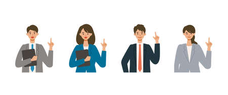 Pointing businessman and woman in suits. Different people smiles set. Isolated vector illustration icons set in flat style.のイラスト素材