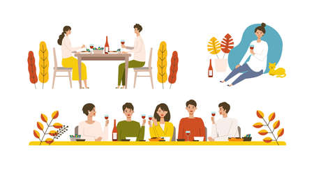Vector illustration of people eating dinner together in the autumn. People enjoy drinking wine. Stay at home concept.のイラスト素材