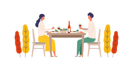 Vector illustration of a couple eating dinner together in the autum. People enjoy drinking wine. Stay at home concept.のイラスト素材