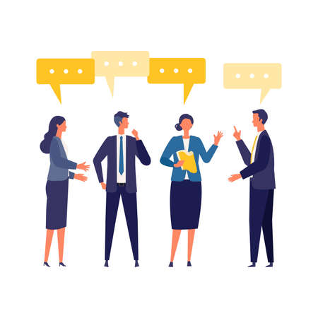 Business talk concept. Vector illustration of talking businessman. Concept for video conference, workers at office. Flat design vector illustration of working people.のイラスト素材