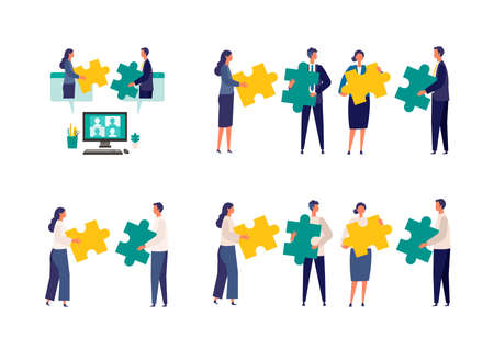 Metaphor of teamwork, cooperation, partnership. Flat design vector illustration of business people. Concept for partnership.のイラスト素材