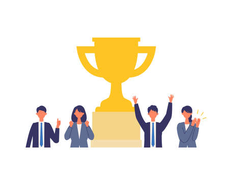 Metaphor of business process, accomplish, strategy. Flat design vector illustration of business people. Concept for goal achievement.のイラスト素材