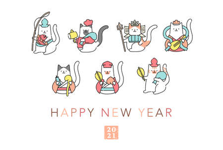 A Japanese new year card with illustrations of 'The Seven Gods of Fortune' in Japanese Mythology. Isolated flat graphicsのイラスト素材
