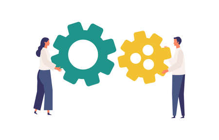 Metaphor of teamwork, strategy, connecting. Flat design vector illustration of business people....