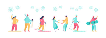 People performing winter sports activities. Skiing, skating and snowboarding. Flat cartoon colorful vector illustration.のイラスト素材