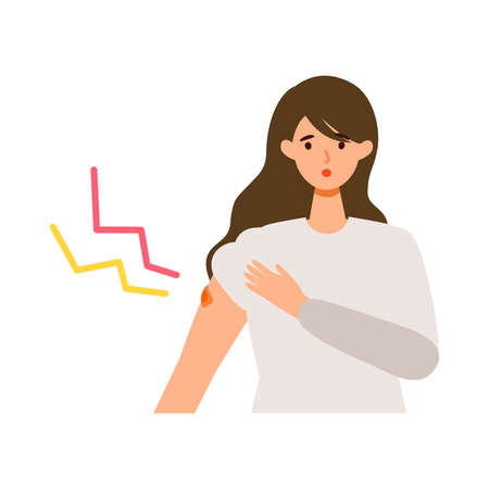 Woman with arm  pain  after getting her  vaccine. Concept for  vaccination. Vector flat illustration.のイラスト素材