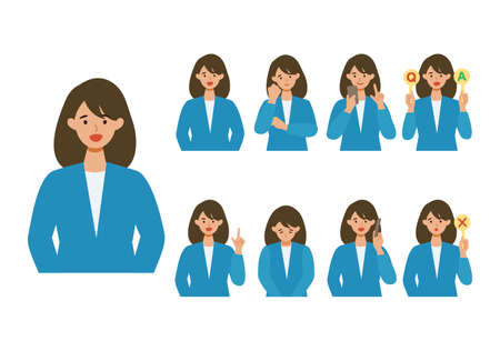 BusinessWoman cartoon character head collection set. People face profiles avatars and icons. Close up image of smiling Woman. Vector flat illustration.のイラスト素材