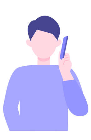 Young Man cartoon character. People face profiles avatars and icons. Close up image of man using smartphone. Vector flat illustration.のイラスト素材
