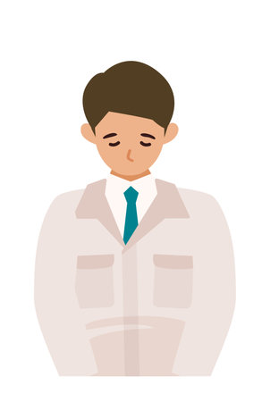 Man wearing factory worker uniform. Factory worker Man cartoon character. People face profiles avatars and icons. Close up image of man taking a bow. Vector flat illustration.のイラスト素材