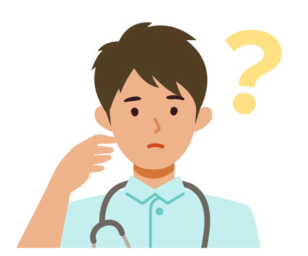 Working nurse man. Healthcare conceptMan cartoon character. People face profiles avatars and icons. Close up image of asking man. Vector flat illustration.のイラスト素材