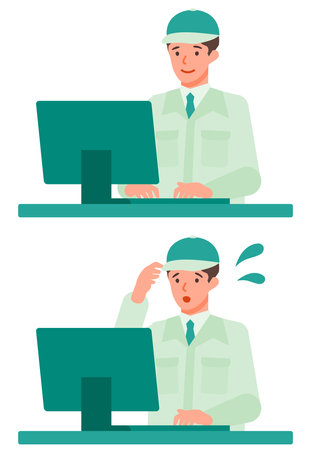 Working man. Concept for Problem Solving. Man cartoon character. People face profiles avatars and icons. Close up image of PC man. Vector flat illustration.のイラスト素材