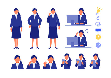 Working Woman. Concept for Problem Solving. Woman cartoon character head collection set. People face profiles avatars and icons. Close up image of Problem Solving Woman. Vector flat illustration.のイラスト素材