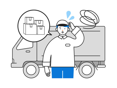 Concept: safe, casual, unattended. Cartoon character heads of People delivering packages by doorstep. Close-up illustrations of Driver shortage . Vector illustration.のイラスト素材