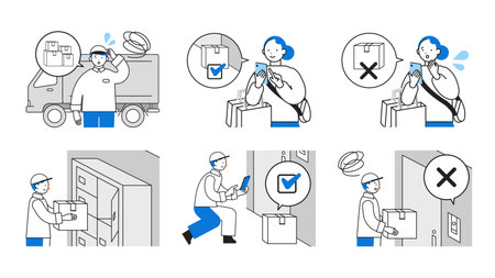 Concept: safe, casual, unattended. Cartoon character heads of People delivering packages by doorstep. Close-up illustrations of Doorstep delivery. Vector illustration.のイラスト素材