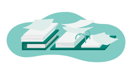 Illustration of piles of paper documents and files, document management problems, paperwork overload, office workflow issues, and business organization challengesのイラスト素材