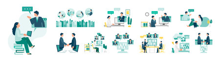Business Illustration Set of Men and Women Working in Telework and Online Meetings Remote Work, Home Office, Virtual Conference and Online Negotiation Work Style Conceptのイラスト素材