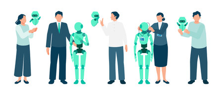 Future of Work Concept Illustration Featuring Diverse Professionals Standing with Their Own AI...
