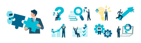 AI Assistant for Business Growth and Digital Transformation, Businessman Guided by Virtual Assistant With Innovation Icons Set, Light Bulb, Gear, Puzzle, Charts, Arrow, Checklist, Search and KPI Analyticsのイラスト素材