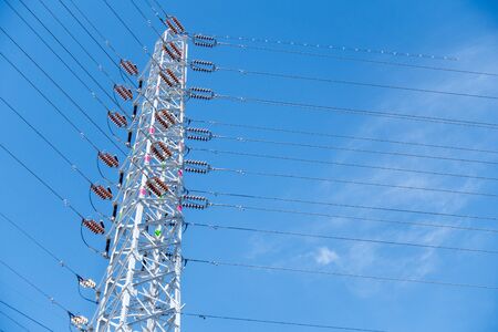 Photograph of steel tower. Image of electricity, lifeline, infrastructure
