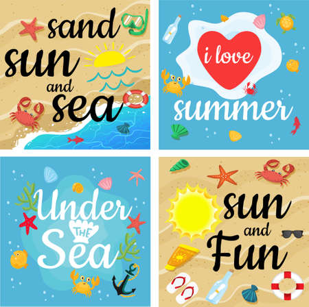 sand sund and sea, i love summer, under the sea, sun and fun - one set card vector of summer and ocean.のイラスト素材