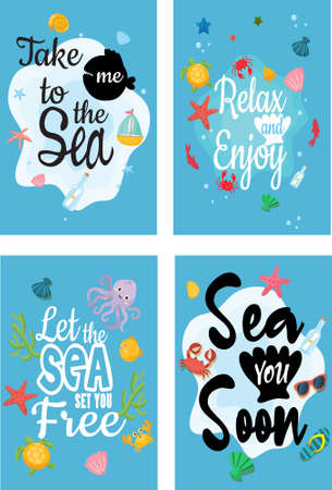 take me to the sea, relax and enjoy, let the sea set you free, sea you soon - vector one card set of the seaのイラスト素材
