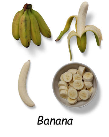 banana fruits on white background - banana fruits full, banana half peeled, banana peeled, banana piece high resolutionの写真素材