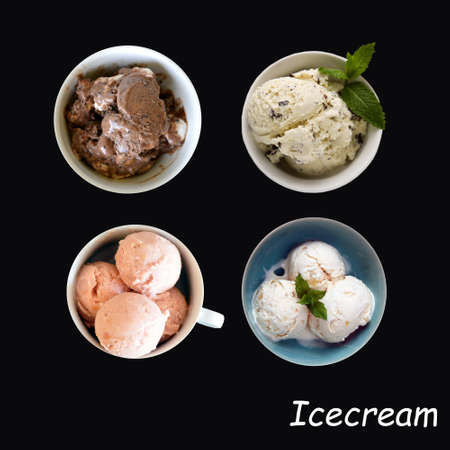Icecream Chocolate, Straciatella, Strawberry, Vanilla on top view with black background high...