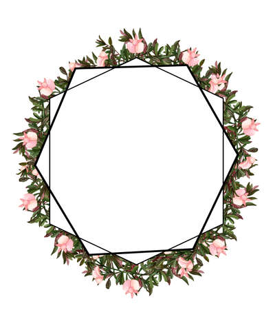 hexagon pink fascinating flower frame with white background high resolution for wedding decoration or for invitationの写真素材
