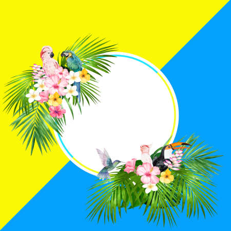 colorful blue and yellow tropical summer frame with humming bird, cockatoo and flamingo on tropical leaves and colorful flowerの写真素材