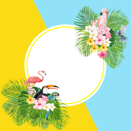 colorful tropical summer frame with humming bird, cockatoo and flamingo on tropical leaves and colorful flowerの写真素材