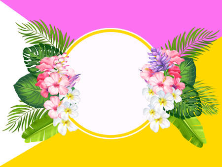 round colorful frame with tropical plant and tropcal flower for banner, wedding invittation decoration background high resolutionの写真素材