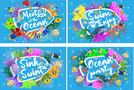 ocean set image vector. meet me at the ocean, sink or swim, swim and enjoy, ocean party.Coral reef, underwater sea life vector illustration. Cartoon flat ocean aquarium or sea waters collection with colorful algae seaweed plants and animal fishes.のイラスト素材