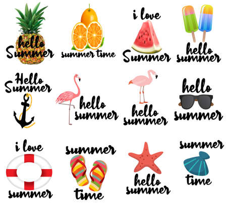 collorful hello summer label colection vector, fruit summer time, flamingo hello summer , i love summer.の写真素材
