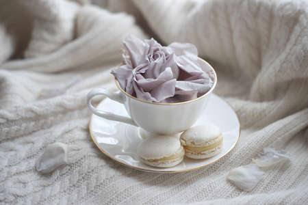 a cup of skofe decorated with a dusty rose with two macaroons on a knitted backgroundの写真素材