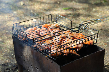 Chicken meat is grilled outdoors in summer or spring. Barbecue.の写真素材
