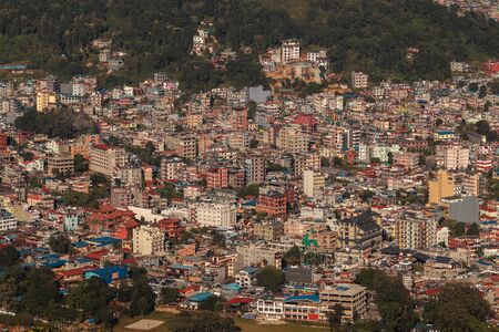 Aerial view of Pokhara city of Nepal showing crowded residential area, unplanned development and poor urbanization.の写真素材