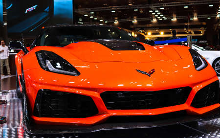 Doha, Qatar- October 18, 2018: Red colored exotic sport car- Corvette by Chevrolet in Doha Auto Exhibition in Doha Exhibition and Convention Centre.のeditorial素材