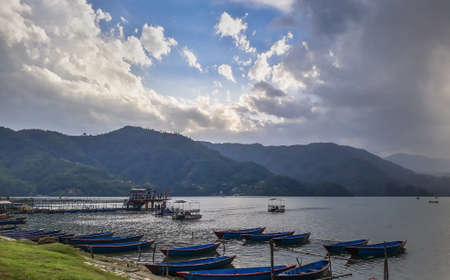 Beautiful view of Lakeside city of Pokhara Valley, Nepal with perfect weather for vacations, showing...