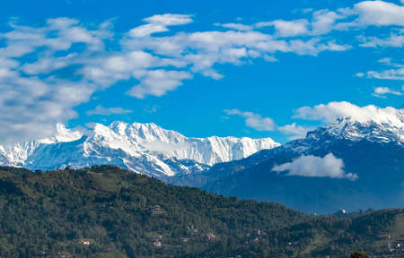 Beautiful lustrous mountain peaks of Nepal viewed from Pokhara during morning showing Mt. Fishtail or Machchapuchchre, Mt. Annapurna, Mt. Dhaulagiri and Mt. Himchuli.の写真素材
